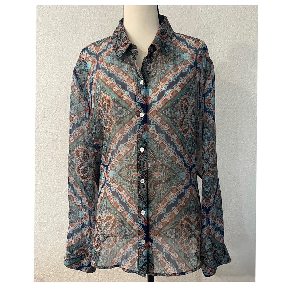 Chico's 3 Sheer Blouse Misses L Poly Blue Green orange Multicolor